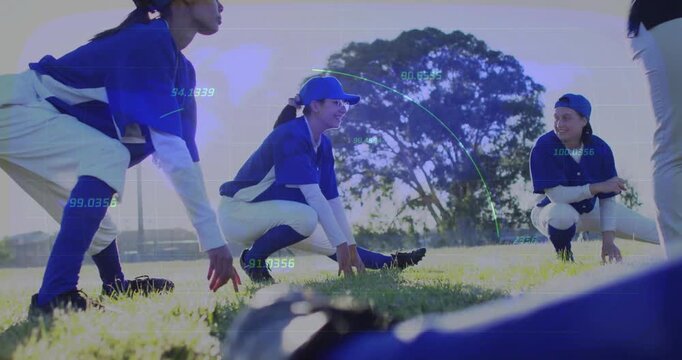 Squatting players stretching and chatting on ballfield in blue uniforms and caps with data overlays