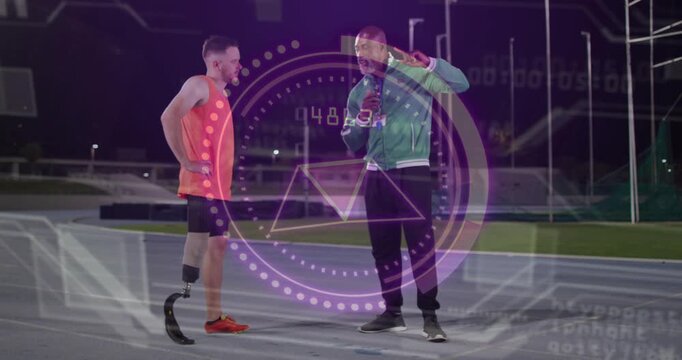 Talking green-jacket coach and orange vest athlete testing blade on night track mic and purple HUD