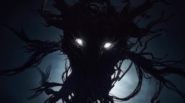 A dark eerie creature made of twisted branches stares menacingly with glowing eyes in a haunting nighttime scene.