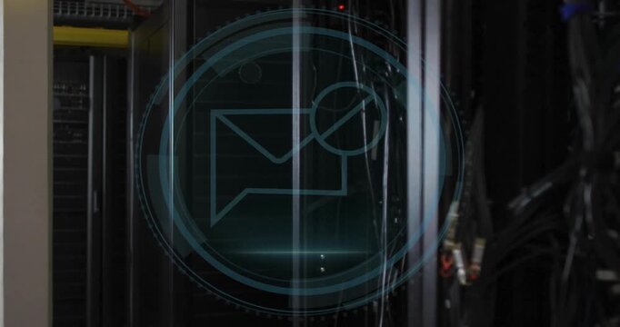 Server rack showing Cyber Security HUD, scan starting, envelope icon pulsing to monitor traffic