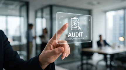 Audit compliance review concept with hand pointing on virtual screen, business office background, professional financial inspection process