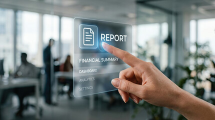 Financial summary report dashboard analytics settings on virtual screen with hand pointing, business office background, technology concept for data analysis and management