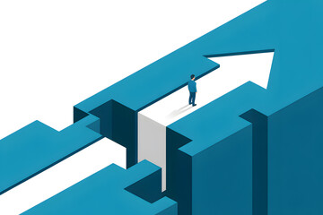 Fototapeta premium Person stepping through gap in giant arrow — breakthrough opportunity, overcoming obstacles and strategic progression illustration