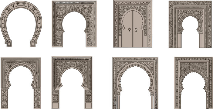 Islamic Ornamental Arch Door Frames Collection Traditional Arabic Architecture Decorative Moorish Arches Vector Illustration