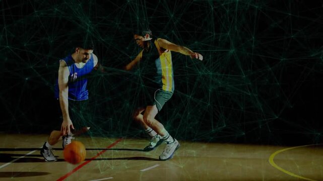 Sports B16 guard starting dribble at line probing defender for space while green web tracing motion