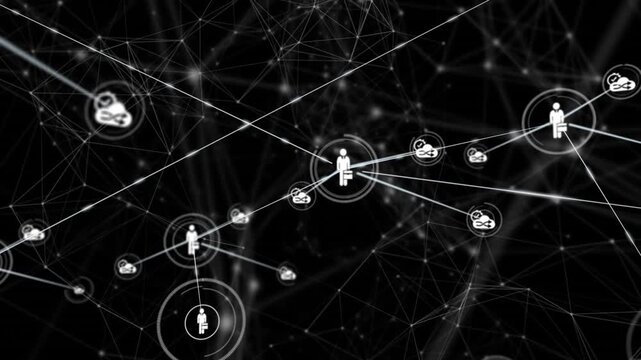 Central pictogram activating, sending lines and spawning icons to show network growth and links