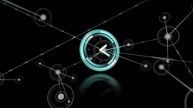 Teal clock casting glossy reflection while diagonal lines and nodes entering, building tech network