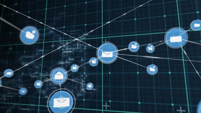 Central envelope spawning nodes and drawing white lines, camera pulling back showing data network