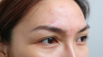 Close up of forehead and eyebrow with subtle redness and flaky patches, showing skin texture and mild acne and irritation