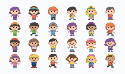 Obraz premium Cartoon Children Character Set with Diverse Little Boys and Girls in Colorful Outfits for Kids' Education and School Graphic Design