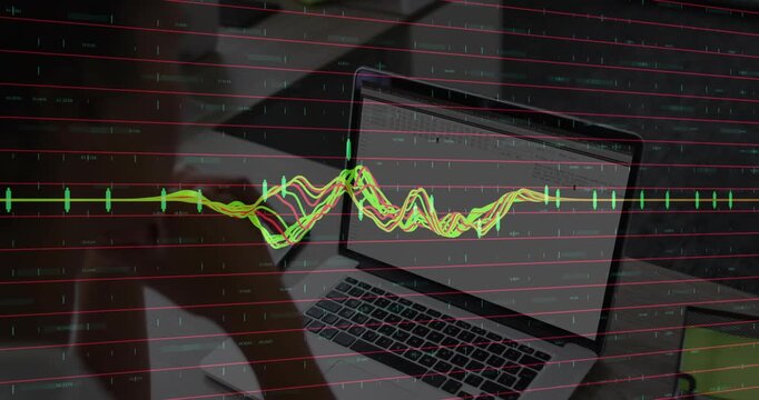 Woman leaning over laptop tapping trackpad, driving waveform into peak graph for data analysis
