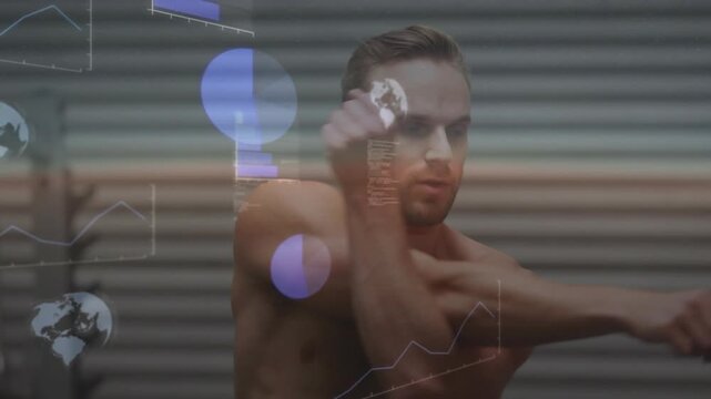 Man stretching arms across chest, zoom-out revealing torso, charts or code overlaying for fitness