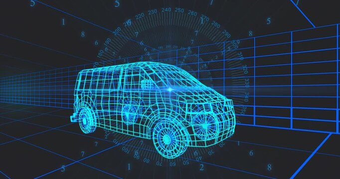 Timeline starting, cyan van mesh holding center while dial rotating, grid shifting for diagnostics