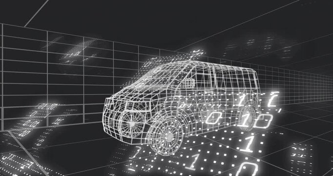 Receiving binary overlays, wireframe minivan sitting in simulated grid chamber with dotted floor