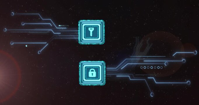 Displaying two cyan neon modules pulsing on digital HUD over stars, showing key and padlock icons
