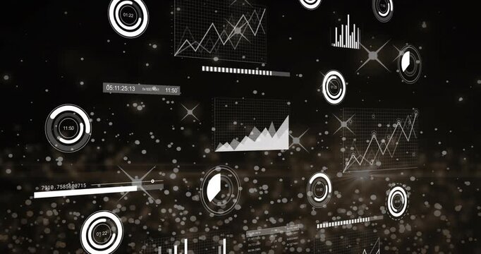 Playback starting, HUD charts and dials animating and adjusting while visualizing tech data trends