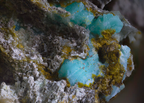 Macro image of pyromorphite yellow earthy, mimetite yellow translucent, phosphohedyphane white translucent, hedyphane white, vauquelinite black, and chrysocolla blue from Murzinsky Mine, Altai