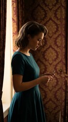 Fototapeta premium A woman in a teal dress stands by a window with ornate curtains, looking thoughtfully at an object in her hands.