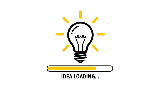 Lightbulb icon illuminates while idea loading bar progresses toward completion on white.