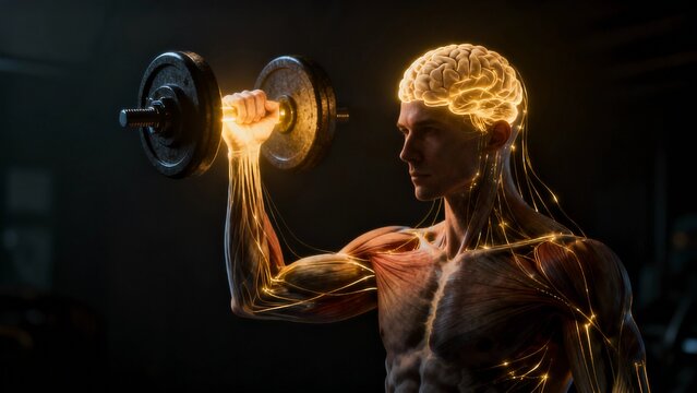 A muscular man with a glowing brain and neural network lifting a dumbbell in a dark gym on transparent background