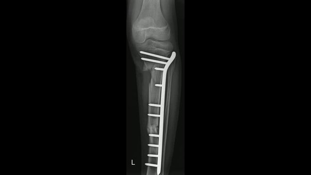 Postoperative tibial fracture fixation with plate and screws &ndash; medical X ray video