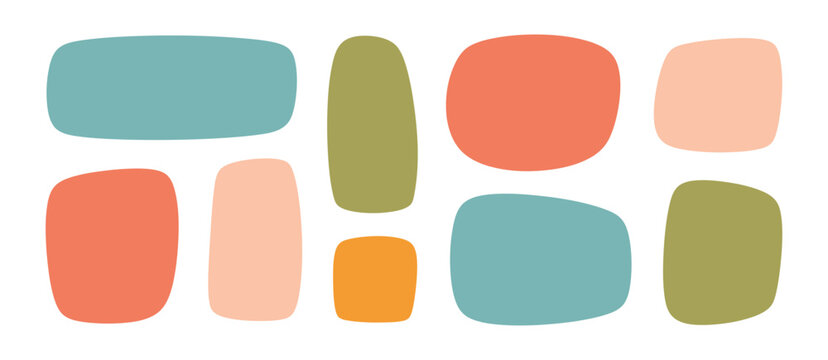 Cute irregular shape frames, square and rectangular blobs with organic wavy borders, kid-style hand-drawn dialog bubbles and geometric doodle figures for fun, playful, and isolated vector illustration