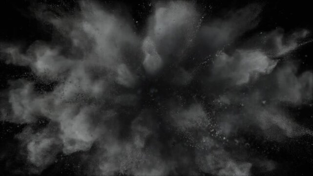 Exploding white powder cloud in slow motion, dark background, dynamic abstract motion graphic