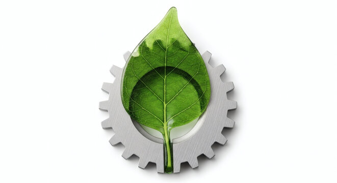 Isolated eco-friendly token with a detailed leaf growing out of a gear, made of recycled green glass and brushed aluminum, symbol of sustainable technology and nature, isolated on white background, st