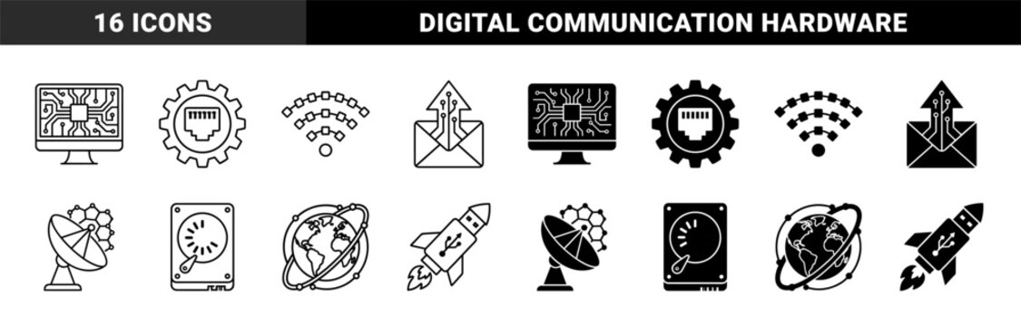 Hybrid global network and data infrastructure icons merging computer hardware with cloud connectivity and high speed transmission symbols