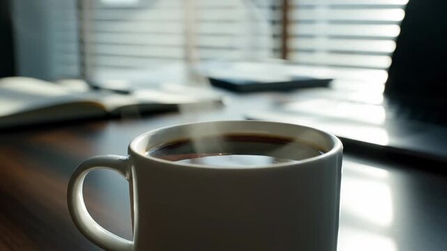 Video of steaming coffee cup on modern workspace table, productivity pause concept, comforting caffeine ritual background, clean corporate interior setting, thin wisps of vapor drifting organically