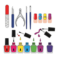 Obraz premium Nail care tools and colorful polish bottles vector illustration