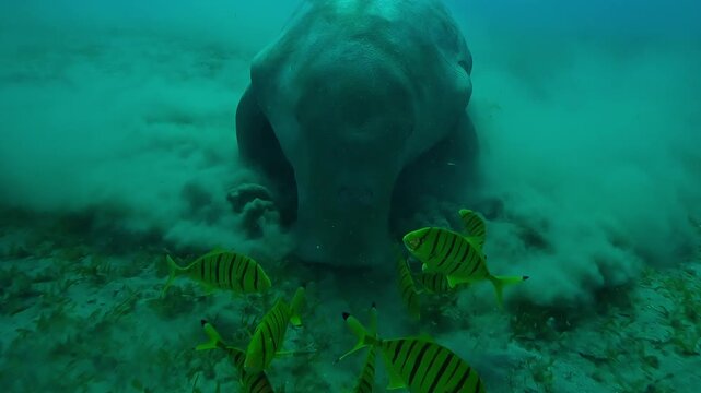 Front view of Sea Cow eating seaweed on bottom accompanied by school of Golden kingfish, Slow motion of Sea Cow, Dugong dugon and Golden Trevally, Gnathanodon speciosus