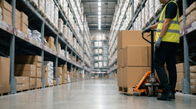 A warehouse worker diligently pushes a pallet jack loaded with cardboard boxes down a long aisle.