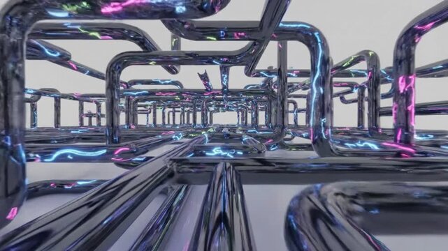 Futuristic Chrome Pipes Network, Sci-Fi Technology Infrastructure, Neon Light Energy Flow