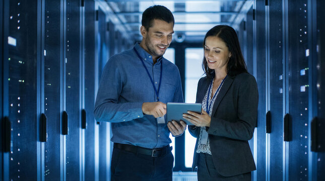 Two smiling IT professionals discuss data on a tablet inside a modern server room.