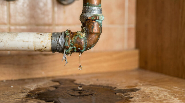 A severely corroded copper pipe leaks water, forming a puddle on the wooden floor.