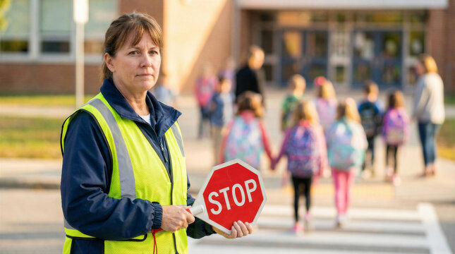 A diligent school crossing guard holds a stop sign, ensuring children safely cross.