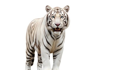 Obraz premium Majestic white tiger walking towards camera with open mouth and blue eyes on white background