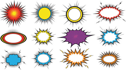 Pop Art Comic Explosion Burst Shapes Collection with Retro Starburst Frames, Speech Bubble Effects and Colorful Comic Style Design Elements Vector Set © EdGe Creative