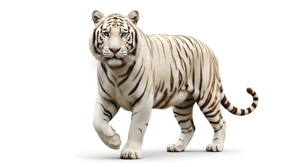 Fototapeta premium Majestic white tiger walking forward with blue eyes on white background
