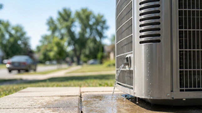 An outdoor central air conditioning unit is leaking water onto the pavement on a sunny day.
