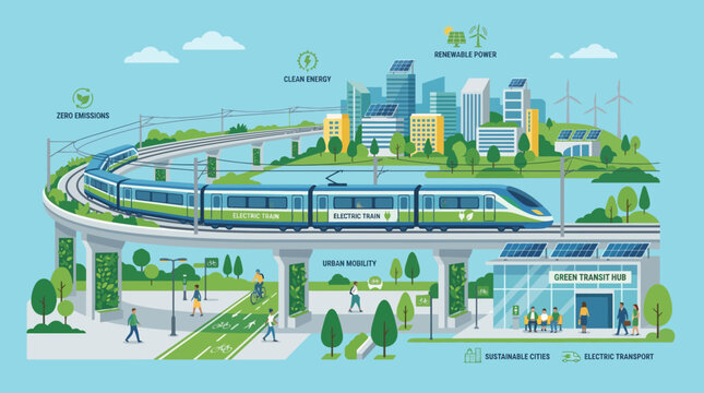 Sustainable transportation eco friendly cityscape with train renewable energy