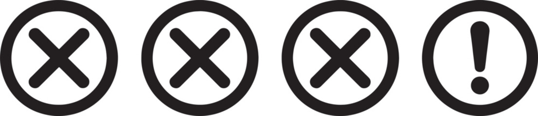 Fototapeta premium Four icons with crosses and exclamation mark in circles for error or warning signs