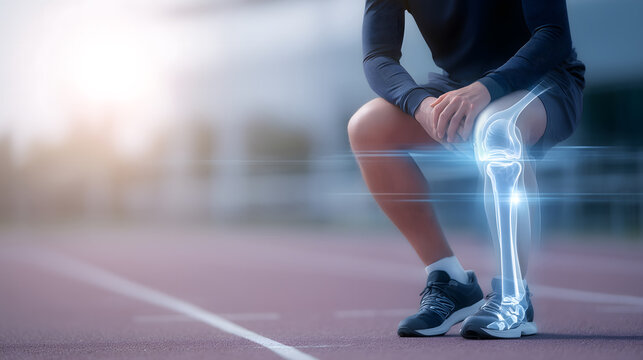 Male runner sitting on track with knee pain, overlay of vector knee joint bones and ligaments diagram