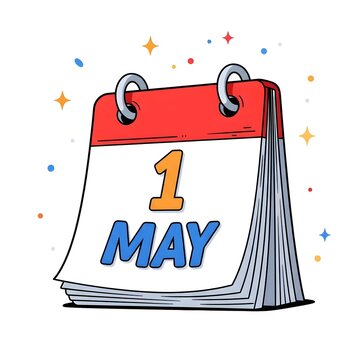 Illustration of a calendar page showing the date may 1st with colorful confetti