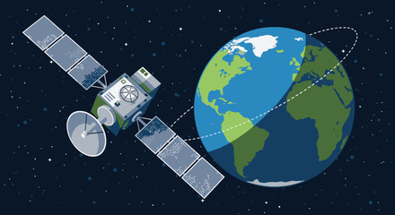 Naklejka premium Satellite orbiting earth in space communication and technology illustration