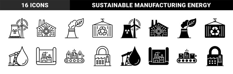 Fototapeta premium Hybrid Industrial Manufacturing and Green Energy Icon Set Featuring Nuclear Wind Power Plant Circuit Board Factory and Sustainable Logistics Symbols