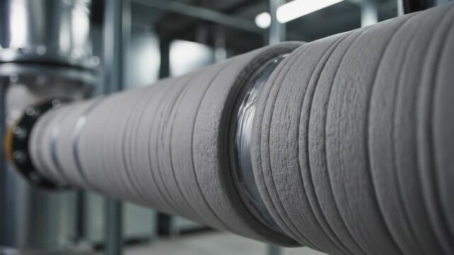 Video of building maintenance scene featuring foam wrapped pipe close-up, energy conservation and HVAC infrastructure concept for engineering visuals.