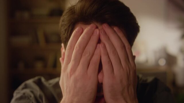 Close up of middle aged man with beard rubbing face and clutching head in frustration while stressing out in bedroom then falling back onto bed