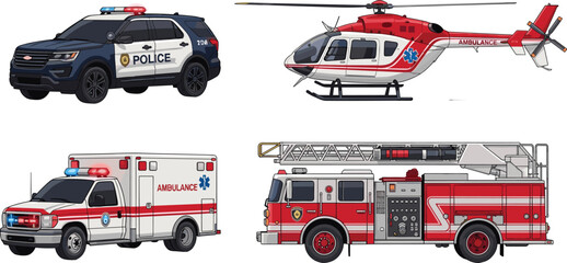 Emergency vehicles collection police car ambulance helicopter and fire truck rescue service flat vector illustration set © EdGe Creative